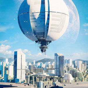 Preview wallpaper hot air balloon, buildings, city, art