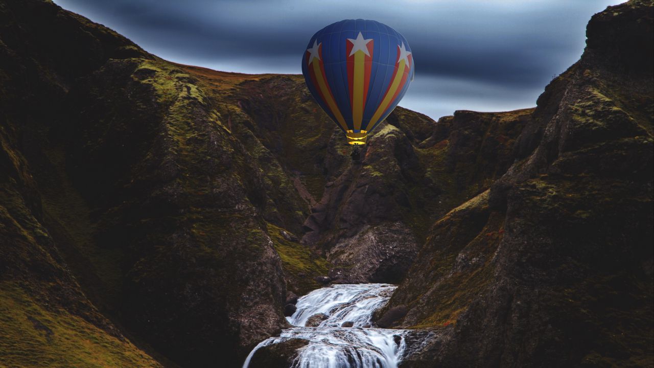 Wallpaper hot air balloon, mountains, rocks, waterfall