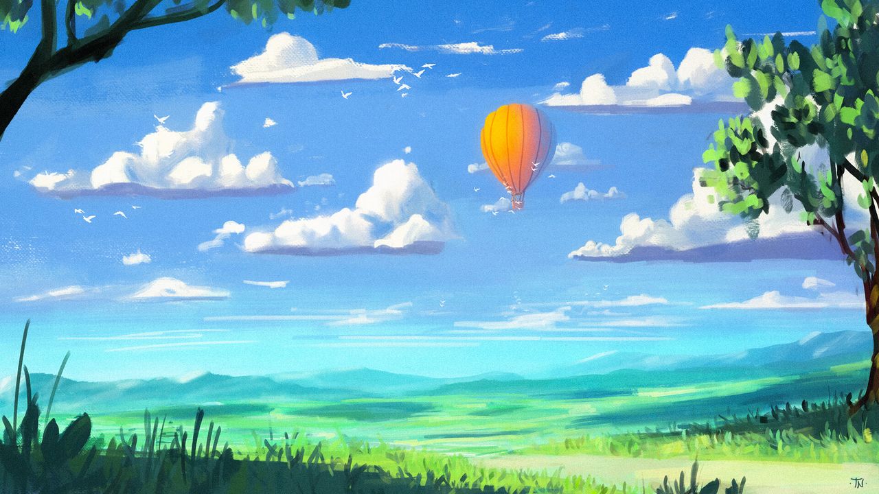 Wallpaper hot air balloon, sky, clouds, field, art
