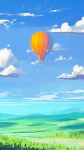 Preview wallpaper hot air balloon, sky, clouds, field, art
