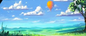Preview wallpaper hot air balloon, sky, clouds, field, art