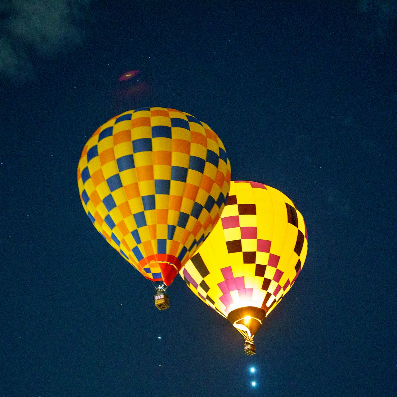 1280x1280 Wallpaper hot air balloon, travel, clouds, sky, flight, height, dark