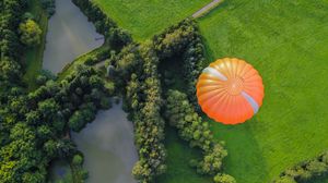 Preview wallpaper hot air balloon, trees, field, aerial view