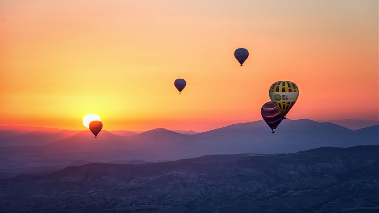 Wallpaper hot air balloons, mountains, sunrise, fog