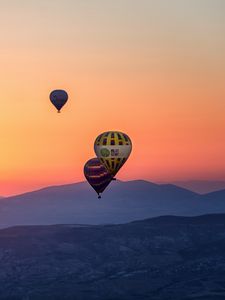 Preview wallpaper hot air balloons, mountains, sunrise, fog