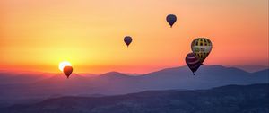 Preview wallpaper hot air balloons, mountains, sunrise, fog