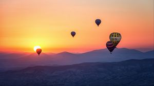 Preview wallpaper hot air balloons, mountains, sunrise, fog