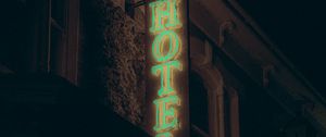 Preview wallpaper hotel, inscription, neon, backlight, building, dark