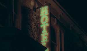 Preview wallpaper hotel, inscription, neon, backlight, building, dark