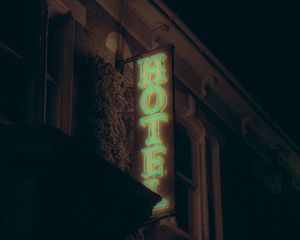 Preview wallpaper hotel, inscription, neon, backlight, building, dark