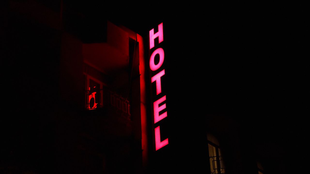 Wallpaper hotel, inscription, signboard, light