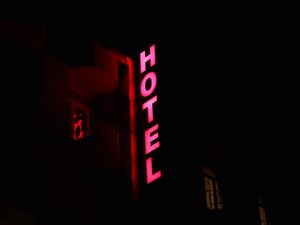Preview wallpaper hotel, inscription, signboard, light