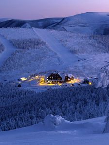 Preview wallpaper hotel, mounting skiing resort, snow, light