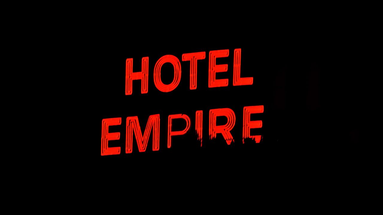 Wallpaper hotel, neon, inscription, signboard