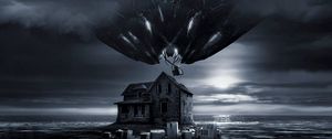 Preview wallpaper house, aerostat, surrealism, art, gloomy