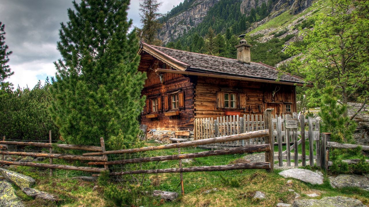Wallpaper house, austria, alps, wooden fence, landscape