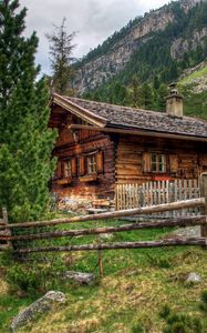 Preview wallpaper house, austria, alps, wooden fence, landscape