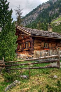 Preview wallpaper house, austria, alps, wooden fence, landscape