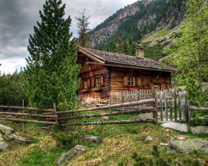 Preview wallpaper house, austria, alps, wooden fence, landscape
