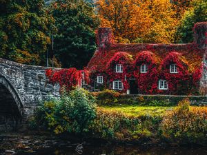 Preview wallpaper house, autumn, river, foliage, autumn colors