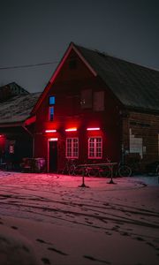 Preview wallpaper house, bicycles, winter, light, red