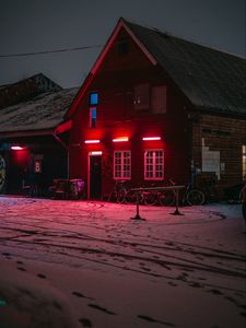 Preview wallpaper house, bicycles, winter, light, red