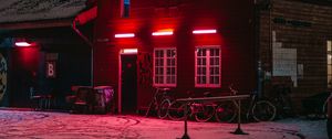 Preview wallpaper house, bicycles, winter, light, red