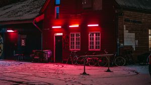 Preview wallpaper house, bicycles, winter, light, red
