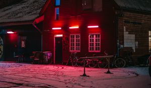 Preview wallpaper house, bicycles, winter, light, red