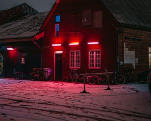 Preview wallpaper house, bicycles, winter, light, red