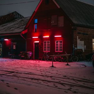 Preview wallpaper house, bicycles, winter, light, red