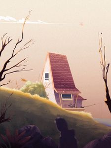 Preview wallpaper house, branches, silhouette, hill