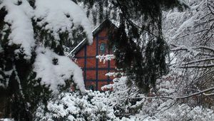 Preview wallpaper house, bricks, fur-tree, branches, snow