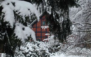 Preview wallpaper house, bricks, fur-tree, branches, snow