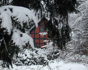 Preview wallpaper house, bricks, fur-tree, branches, snow