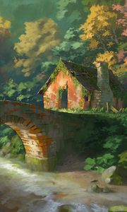 Preview wallpaper house, bridge, trees, river, art