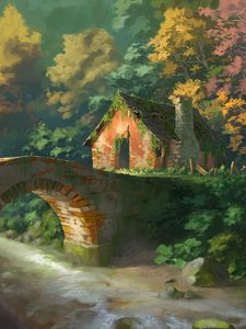 Preview wallpaper house, bridge, trees, river, art