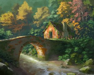 Preview wallpaper house, bridge, trees, river, art