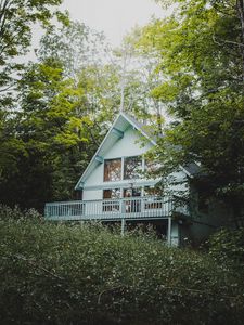 Preview wallpaper house, building, balcony, trees, bushes