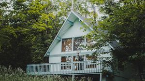 Preview wallpaper house, building, balcony, trees, bushes