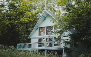 Preview wallpaper house, building, balcony, trees, bushes