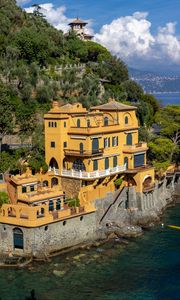 Preview wallpaper house, building, cliff, rock, island, sea, portofino, italy