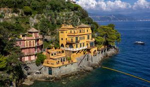 Preview wallpaper house, building, cliff, rock, island, sea, portofino, italy