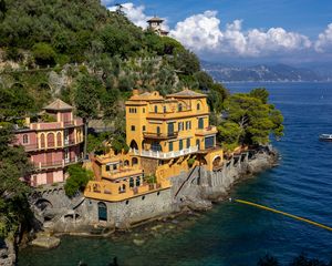 Preview wallpaper house, building, cliff, rock, island, sea, portofino, italy