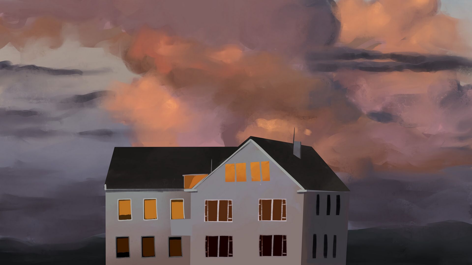 1920x1080 Wallpaper house, building, clouds, painting, art