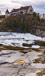 Preview wallpaper house, building, river, cascade, nature