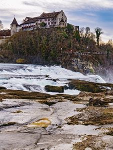 Preview wallpaper house, building, river, cascade, nature