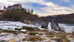 Preview wallpaper house, building, river, cascade, nature