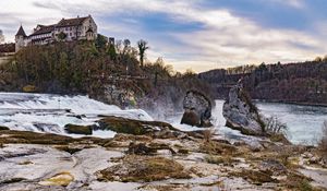 Preview wallpaper house, building, river, cascade, nature