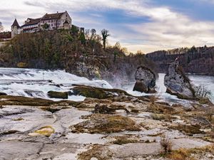 Preview wallpaper house, building, river, cascade, nature